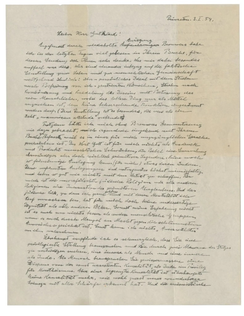 La primera página de la carta que Einstein envió a un filósofo alemán cuyo libro aparentemente no le gustó. Credit...Christie's Images Ltd.